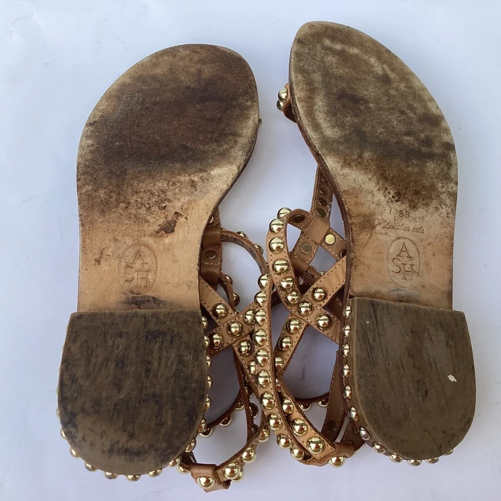 Ash Tan Leather Studded Gladiator Sandals with Gold Studs